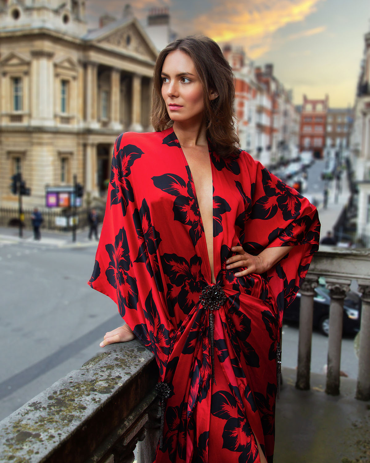 Fashion photography red kimono london balcony